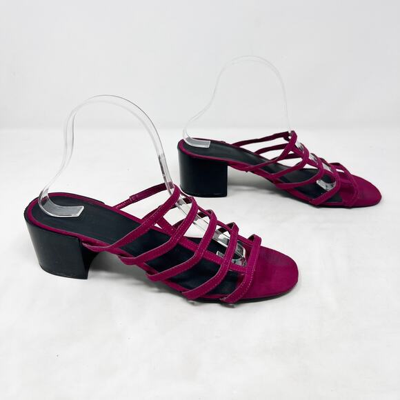 [Urban Outfitters] Fuchsia Pink Faux Suede Caged Lattice Block Heel Mules Sz 10 - Picture 3 of 11